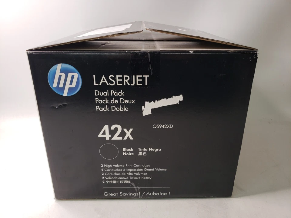 HP 42X PAQUETE DOBLE CARTUCHOS DE IMPRESIÓN NEGROS ALTO RENDIMIENTO Q5942XD Caja abierta sellada en bolsa Foto 3 de 4