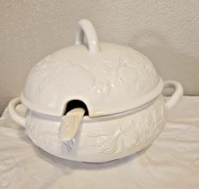 Over & Back Ceramic Large Soup Tureen with Ladle and Lid embossed with Vegetable