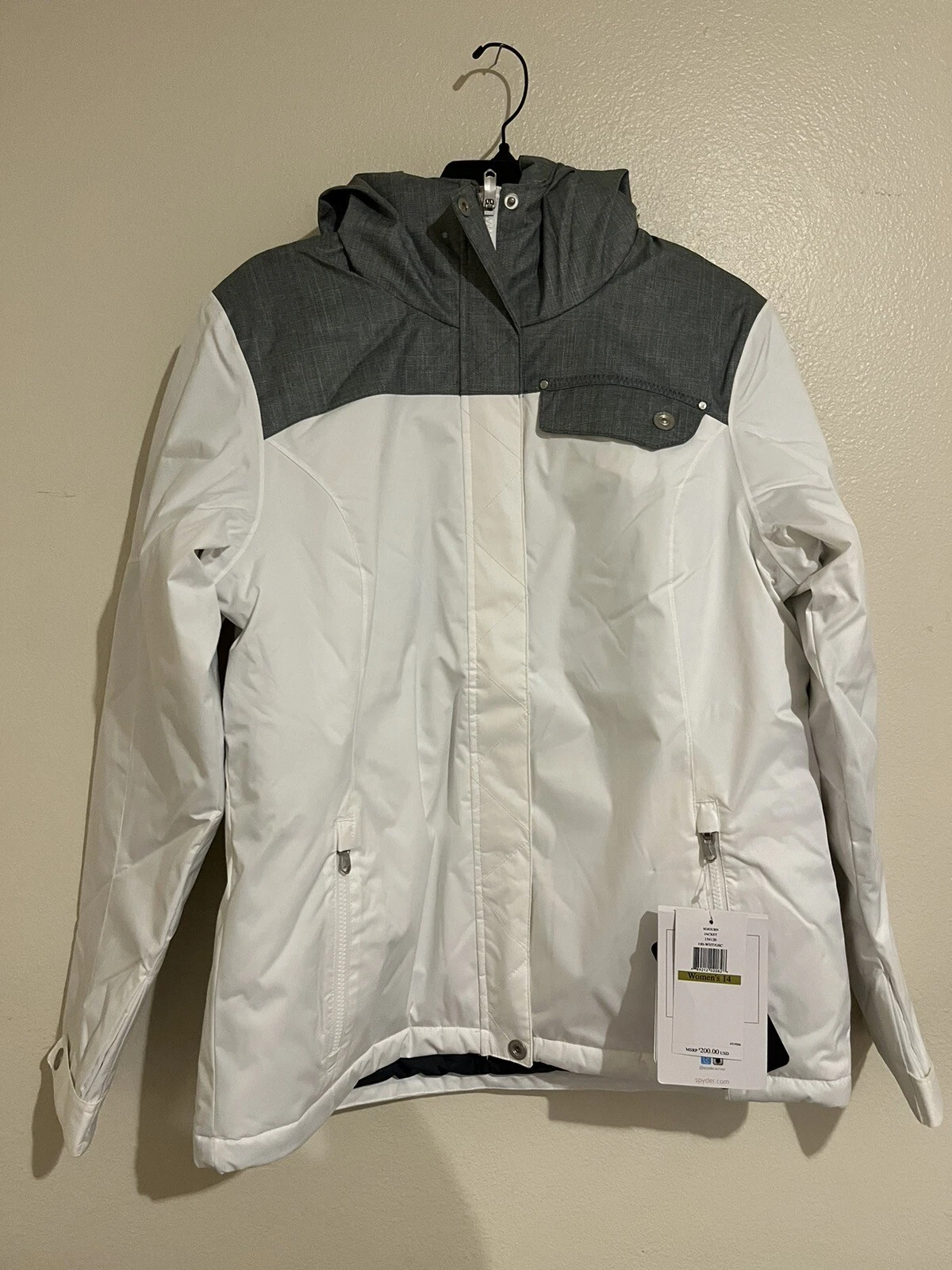 OFF WHITE Giacca da neve con cappuccio da donna Spyder taglia LARGE grigio sporco Sojourn