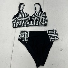 Shein Black White Geometric Print 2 Piece High Waisted Bikini Set Women's Size L
