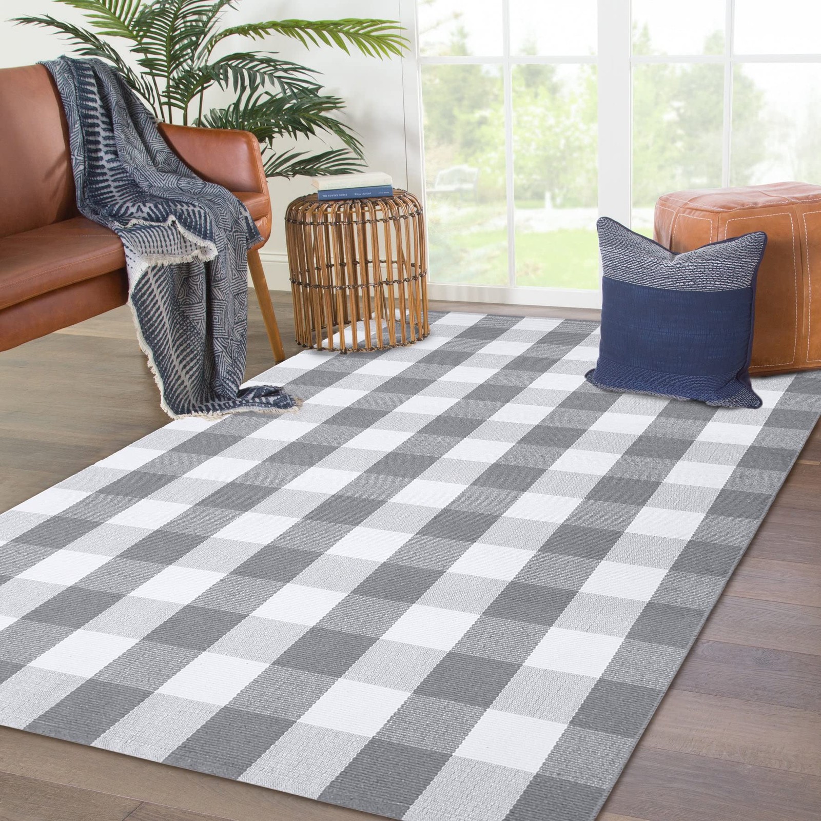 Buffalo Plaid Area Rug 4 x 6 Ft Gray and White Checkered Rug Washable Outdoor...