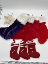 7pc Christmas Stockings Set Velvet Knit Mini Stockings w/ Letters Star Decor
