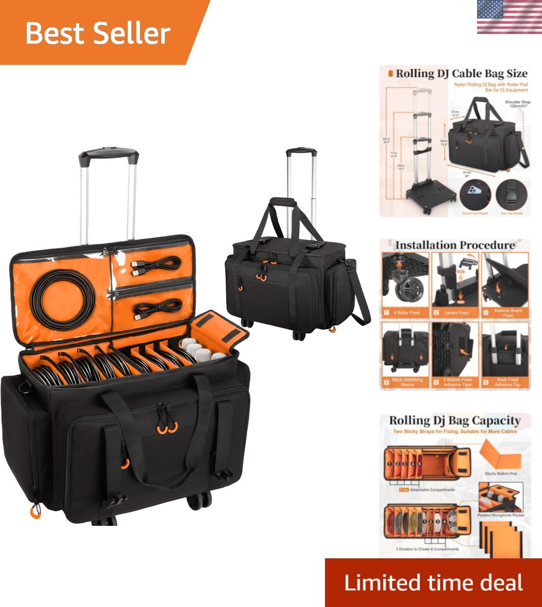 Rolling Dj Cable Bag with Laptop and Microphone Pocket, Dj Bag for