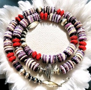 Vtg. Navajo Sterling SQUASH BLOSSOM Wampum Quahog Coral Necklace 25" 87g