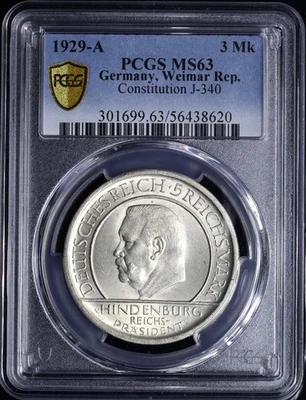 Weimarer Republik 5 Reichsmark 1929 A Reichsverfassung PCGS MS63 - Bild 1 von 2