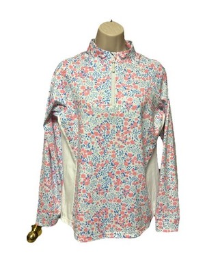 Waggle Size M women s SHIRT Miss Daisy 1/4 Zip LS Top Floral Pink Blue Golf  J25