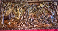 Vintage Thailand Elephants Dragging Logs Hand Carved Teak Wood Wall Hanging Art