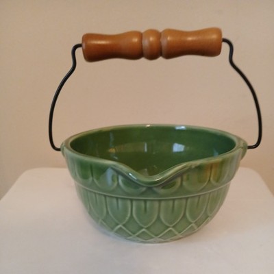 Tender Heart Treasures Green Pottery Crock Bowl with Wood Wire Handle 