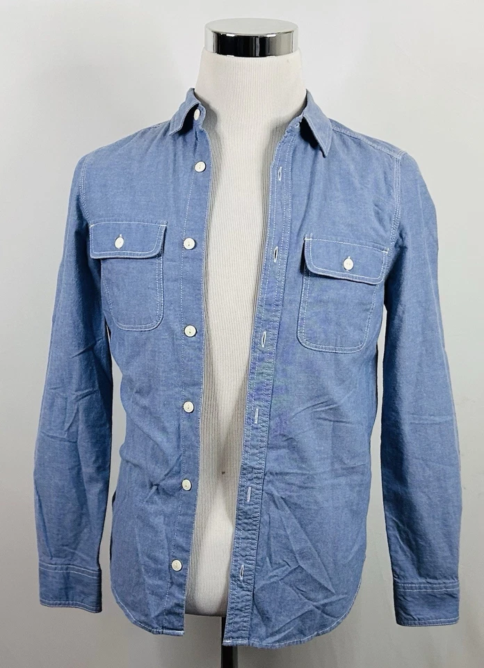 H&M Divided XS Blue Chambray Shirt 100% Cotton Casual Regular Fit Button Front - Image 2 of 4