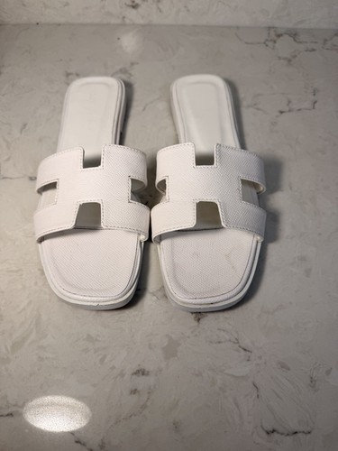 Hermès White Leather H Logo Strappy Slide Sandals Slip On EU 41 US 10.5