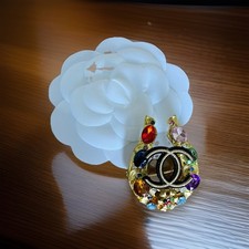 CC Horseshoe Repurposed Button Brooch Pin Gold Multicolor Metal Glass 