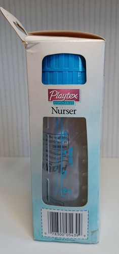 Vintage Playtex Nurser Bottle Blue 8oz Flat Top Latex Nipple With Drop Ins New - Picture 3 of 4