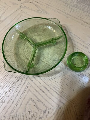 Vintage Uranium Depression Footed Glass Candy Dish Plus Extra Salt/nut Dish