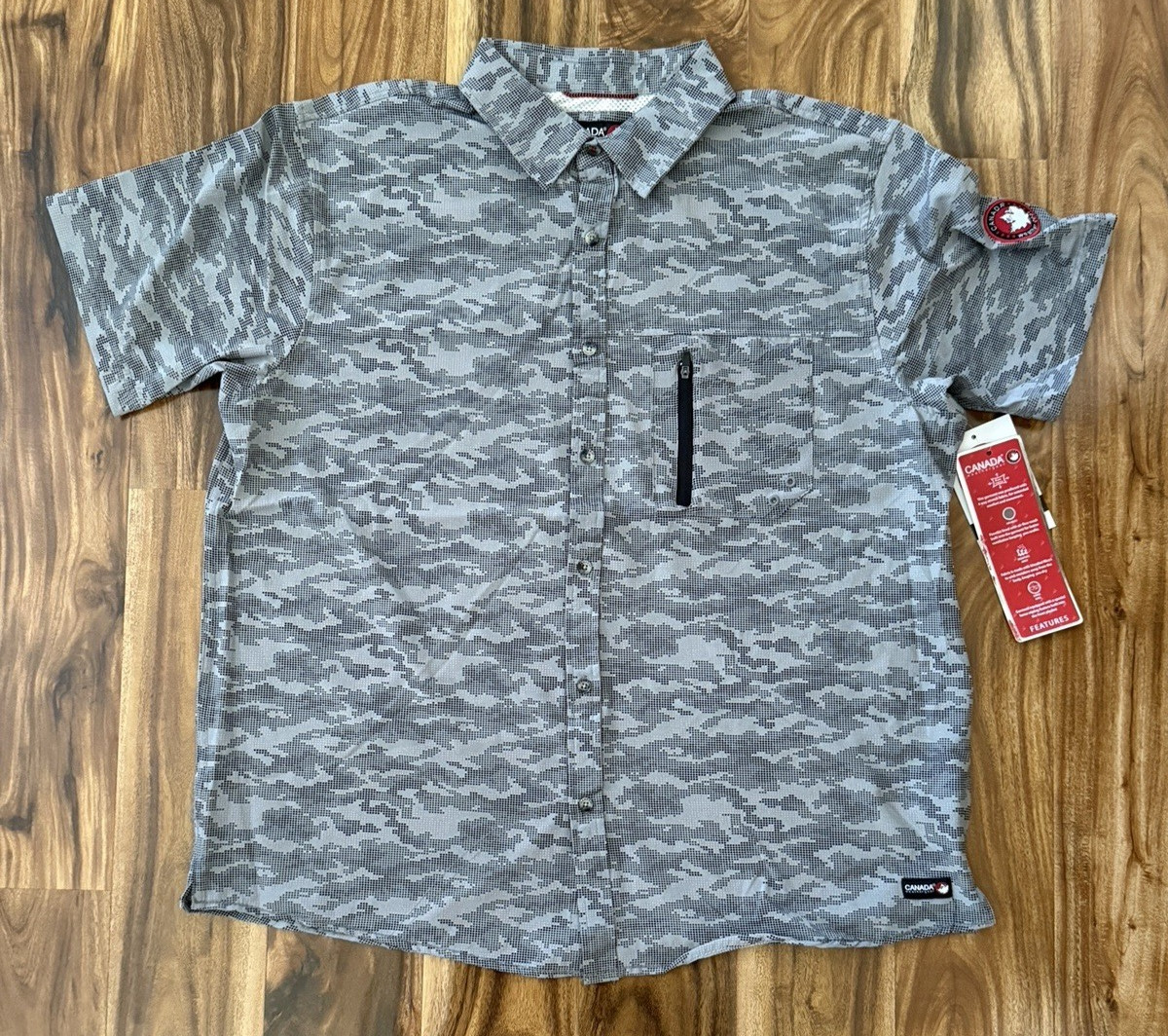 New Canada Weather Gear Button Up Shirt Size Xl Grey Camo Short Sleeve