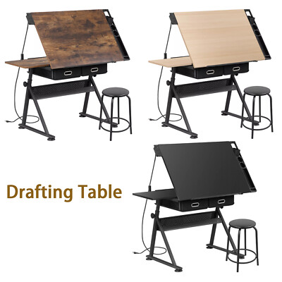 Adjustable Drawing Set Adjustable Drafting Table and Stool Set with Outlet and Storage Drawers ...