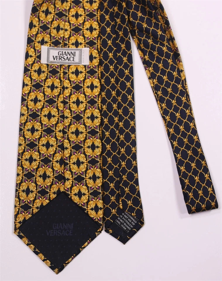 Corbata Versace Vintage Años 80 90 Dorada Negra Mariposa Seda Foto 4 de 4