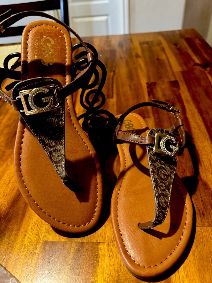 GBG Los Angeles By Guess Flip Flop Logo Brown Sandals Size
