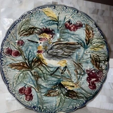 Antique Majolica Plate Bird Cherries Flowers French Rich Colors Scalloped OLD