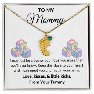 Expecting Mom Engraved Baby Feet Birthstone Necklace Gift