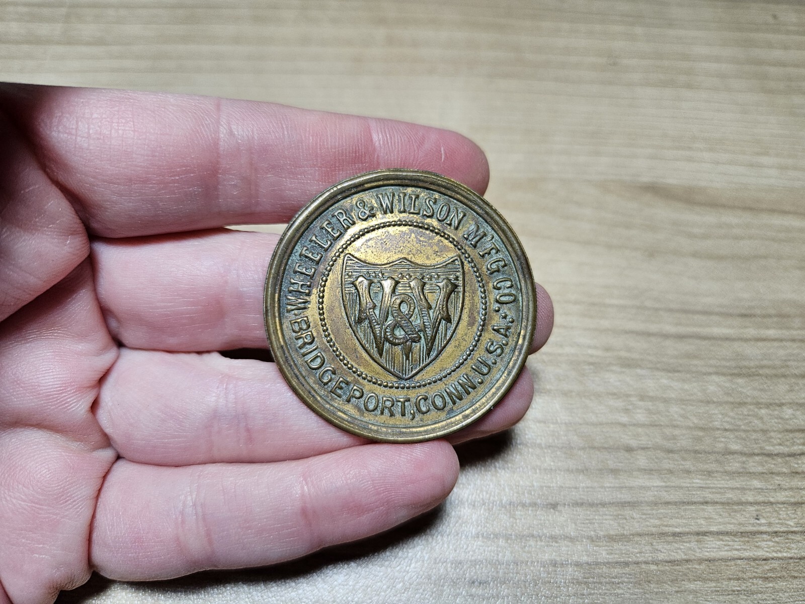 Vintage Wheeler & Wilson Mfg Co Bridgeport CT Sewing Machines Brass? Emblem