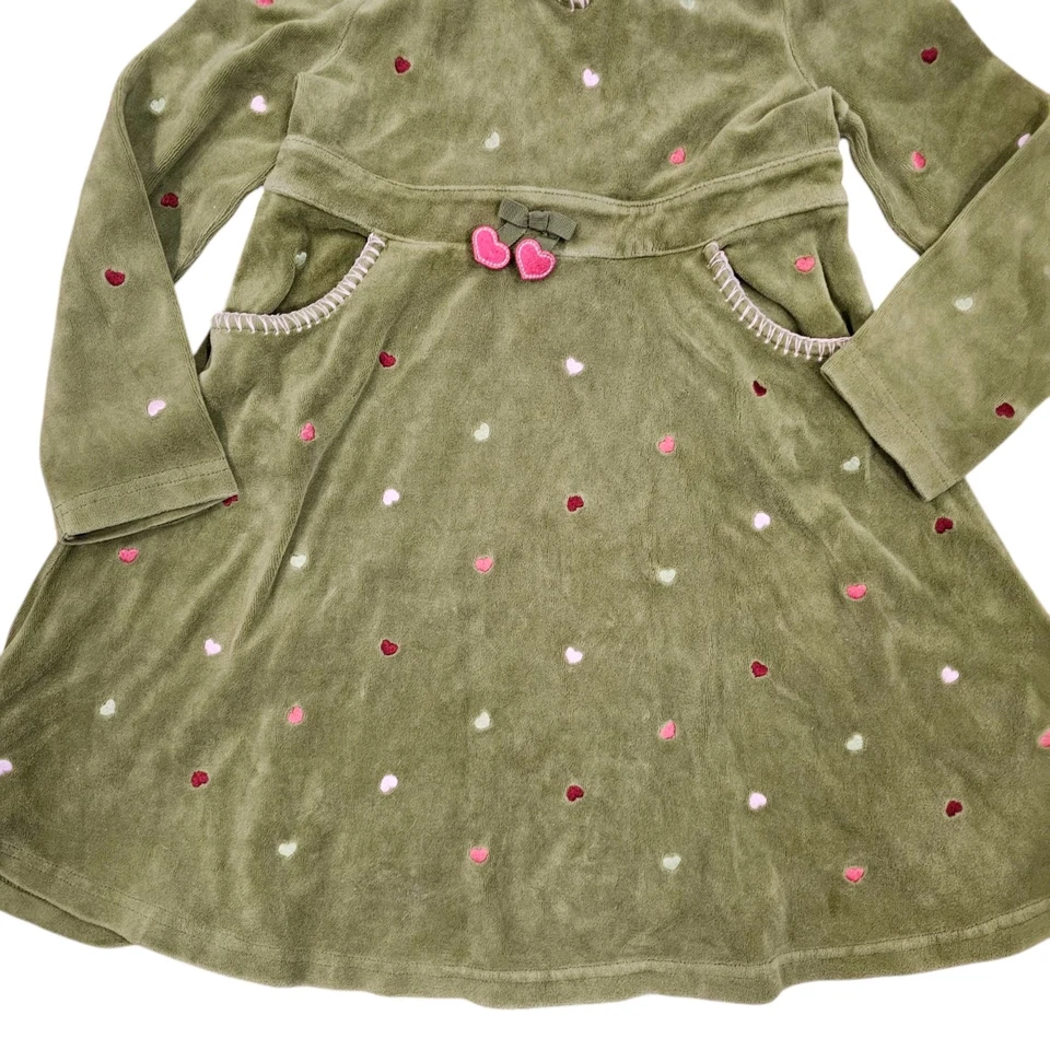 Gymboree Size 6 Green Heart Embroidery Hooded Dress Velour Longsleeve - Image 3 of 4