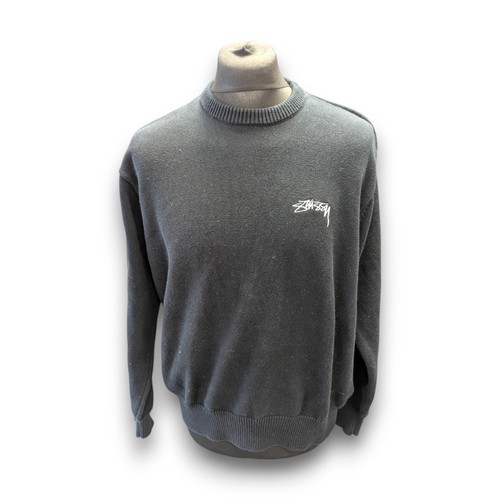 Herren STUSSY schwarz/weiß Care Label Baumwolle Strick Rundhals Sweatshirt Gr. XL L55