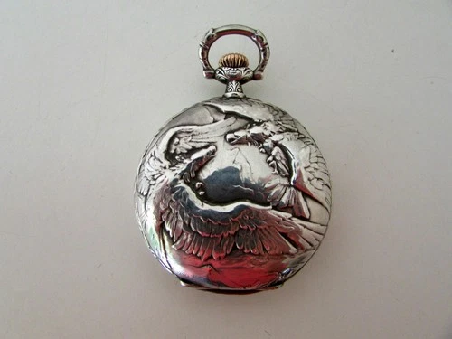 ANTIQUE LONGINES STERLING SILVER POCKET WATCH EAGLE FIGHT IMAGE FOR REPAIR
