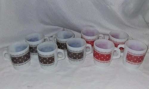 Vintage Fire King Anchor Hocking White Milk Glass Polka Dot Lace Mugs set of 9