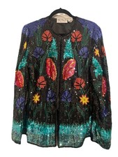 Rare Scala Black Floral heavily Sequined / beaded Evening jacket-Sz L