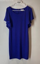 Calvin Klein Womens Blue Round Neck Ruffle Sleeves Back Zip Sheath Dress Sz 8