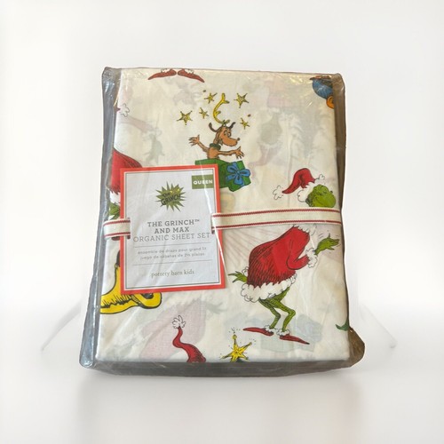 Pottery Barn Kids Q El Grinch y Max Juego de Sábanas de Navidad Orgánicas NUEVO