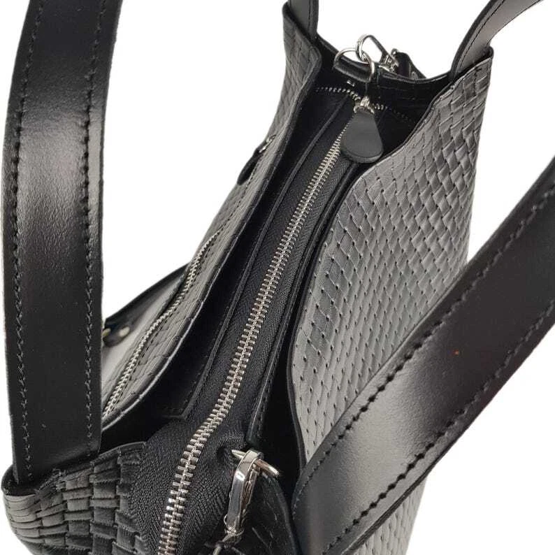 COACH Borsa a mano donna in VERA PELLE intrecciata nera tracolla mini tote goffrata