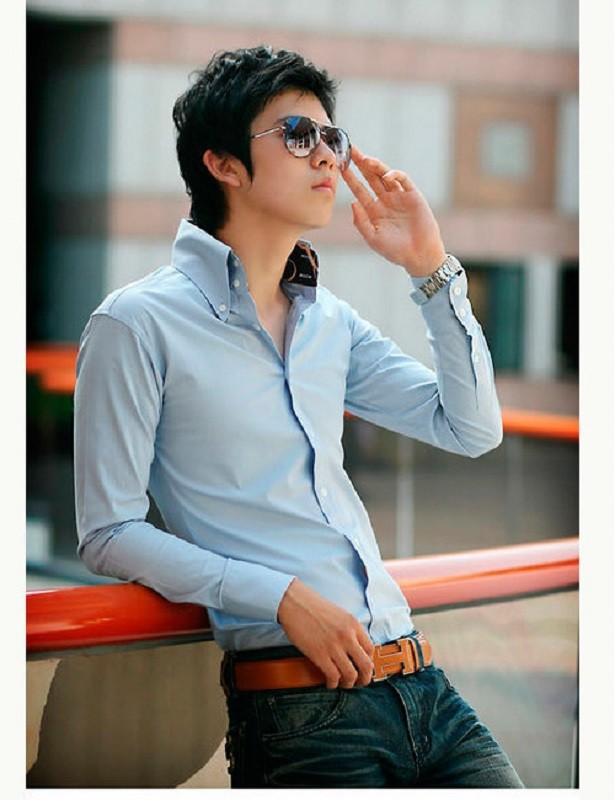 New Fashion Mens Casual Shirt Slim Fit Button Down Long Sleeve Shirts Light  Blue
