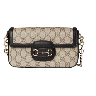 GUCCI Horsebit 1955 Small $1780 Beige And Dark Brown Fabric Shoulder Bag New