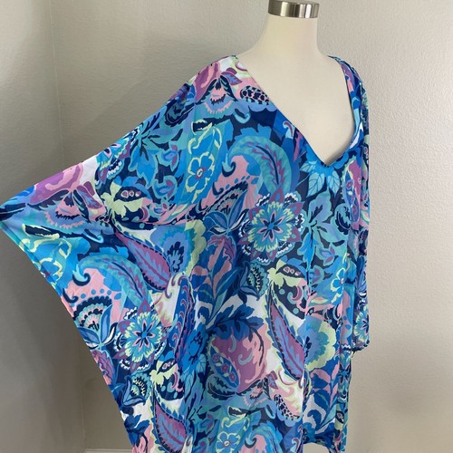 NEW $78 Tahari Womens M/L Blue Floral Paisley Caftan Swim Cover Up Tunic - Picture 4 of 14
