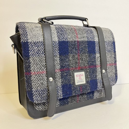Harris Tweed Mini Messenger Bag Navy Plaid Zipped Pockets Shoulder Strap Wool - Picture 4 of 16