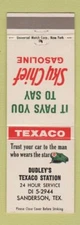 Matchbook Cover - Texaco oil gas Dudley's Sanderson TX