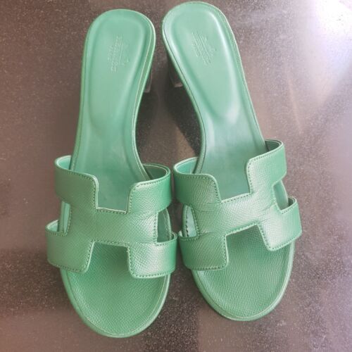 Hermes Womens Leather Slip On Oran Heel Sandals Green Size 39 - Picture 1 of 12