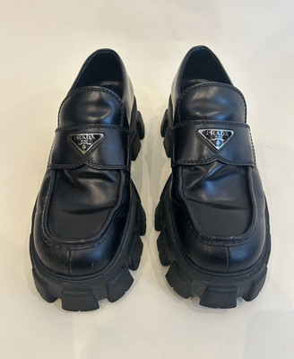 Prada Black Monolith Leather Logo Chunky Loafer Shoes Mens US 8.5 7.5 UK 42.5 IT