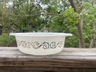 Vintage White Pyrex Casserole 1.5 Quart Empire Scroll Gold Pattern