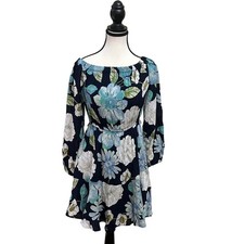 LOFT Navy Blue Floral Off The Shoulder Smocked Waist Mini Dress Size S