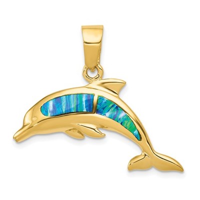 14k Yellow Gold Dolphin Pendant Blue Green Opal Inlay Ocean Animal Coastal Jewel