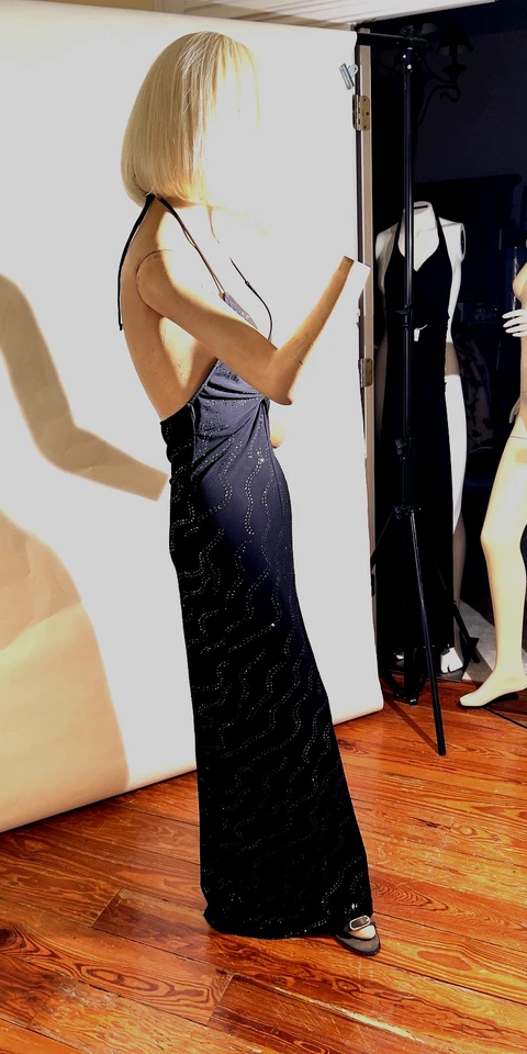 VTG 1990s Halter Wishes Wishes Wishes Maxi W Sz M Black Twisted Bodice SLV Swirl - Image 4 of 4