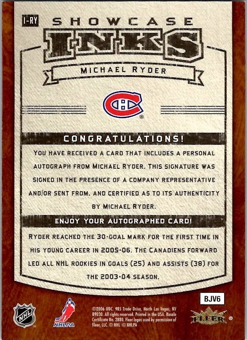 2006-07 Flair Showcase MICHAEL RYDER Montreal Canadiens AUTO MINT Condition - Image 2 of 2