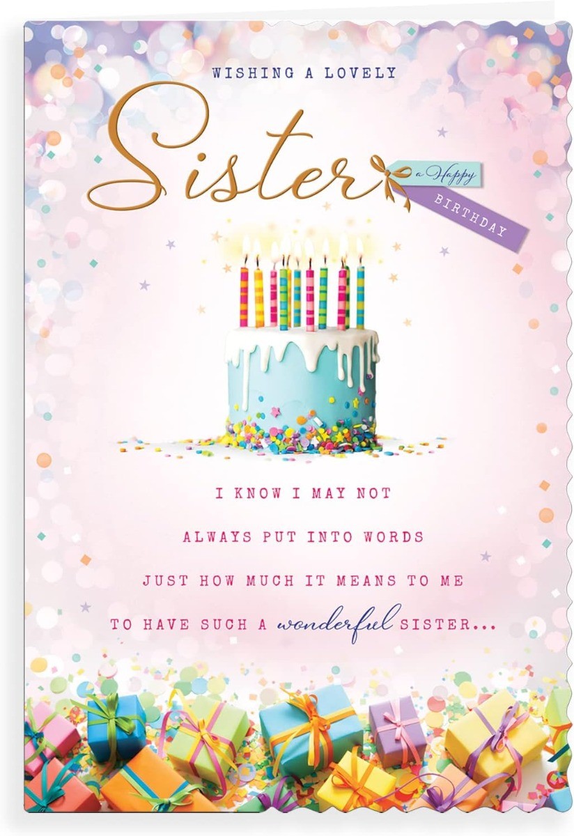 Sister Birthday Card. Presents, Cake and Candles Design. 23x15cm