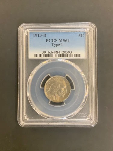 1913-D Type-1 Buffalo Nickel, MS64 PCGS, RARE KEY DATE SLAB