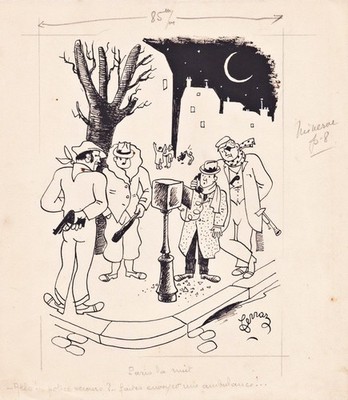 Paris thieves crooks voleur filon telephone ambulance caricature design press 1950