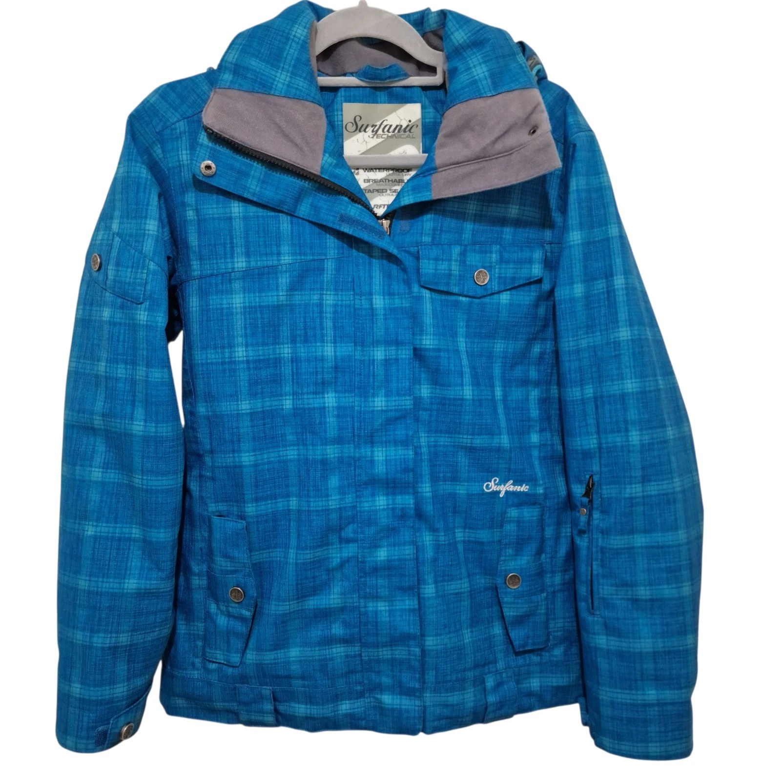 Surfanic Ski Jacket Womens S Blue Check Waterproof Snow Coat
