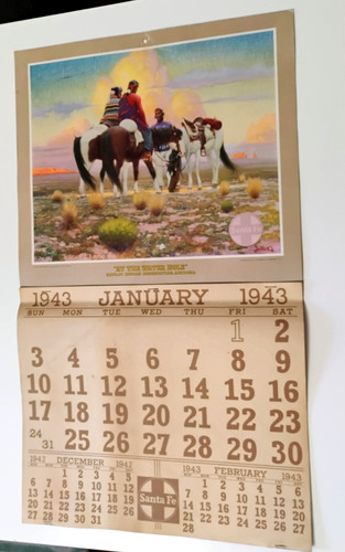 RARE ORIG 1943 SANTA FE RAILROAD CALENDAR Gerard Curtis Delano AT THE WATER HOLE