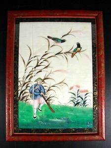 19th C Antique Chinese Painting on Rice Paper Hunting Scene Framed (A)